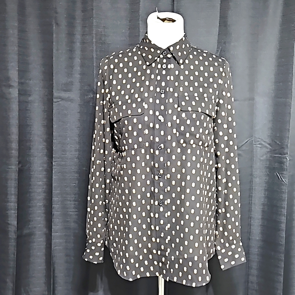 button down blouse with gold metallic dots